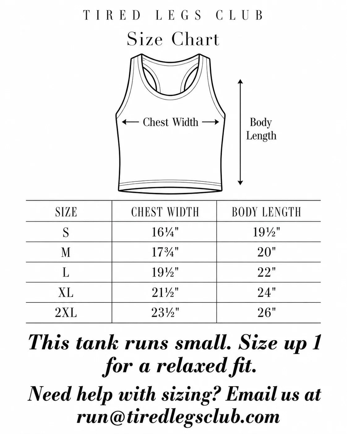 Size chart — chest width and body length by size