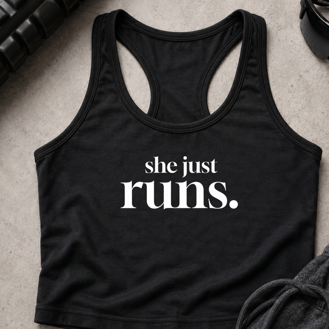 she just runs. Racerback Crop Tank