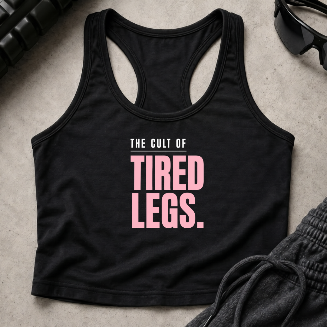 cult of tired legs. Racerback Crop Tank
